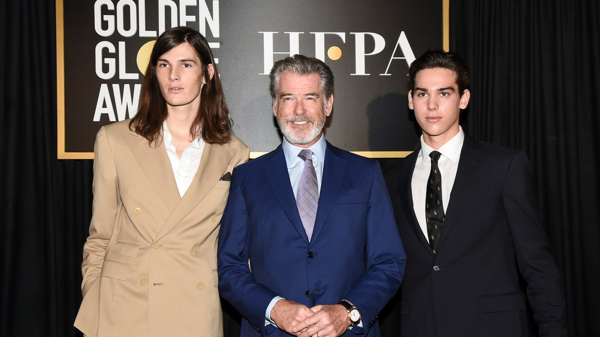 Dylan Brosnan, from left, Pierce Brosnan, and Paris Brosnan attend the Hollywood Foreign Press Association and The Hollywood Reporter celebration of the 2020 award season and Golden Globe Ambassador reveal at Catch LA on Thursday, Nov. 14, 2019, in West Hollywood, Calif.?