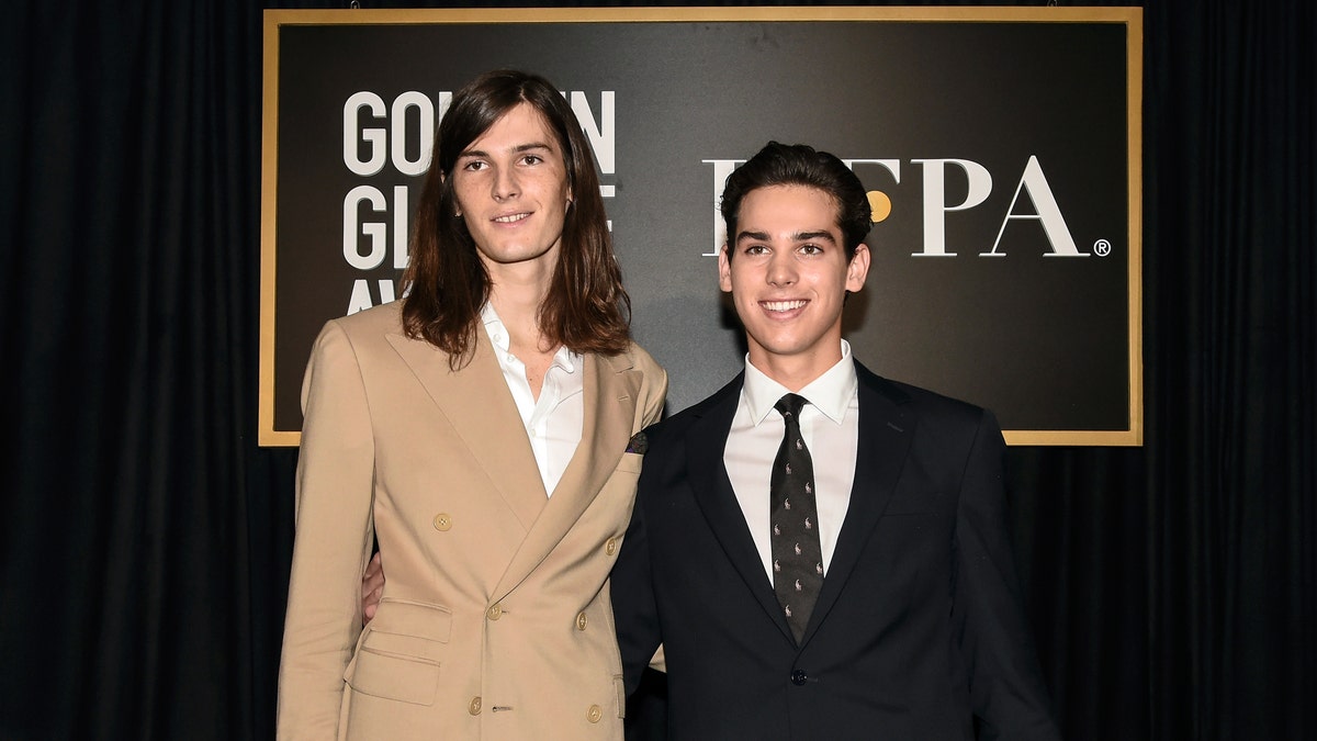 Paris Brosnan, right, and Dylan Brosnan attend the Hollywood Foreign Press Association and The Hollywood Reporter celebration of the 2020 award season and Golden Globe Ambassador reveal at Catch LA on Thursday, Nov. 14, 2019, in West Hollywood, Calif. 