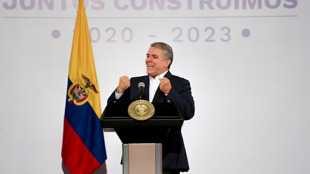 Colombia's President Ivan Duque talks during a meeting with mayors and governors in Bogota, Colombia, Sunday, Nov. 24, 2019. Duque called for a national dialogue in an attempt to quell protests decrying a range of social and economic woes. (AP Photo/Ivan Valencia)