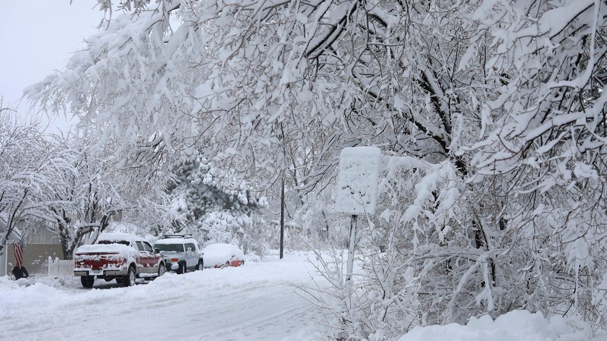 Street signs are covered in snow in north Flagstaff, Ariz., on Friday. A powerful storm making its way east from California is threatening major disruptions during the year's busiest travel weekend, as forecasters warned that intensifying snow and ice could thwart millions across the country hoping to get home after Thanksgiving. (Cody Bashore/Arizona Daily Sun via AP)