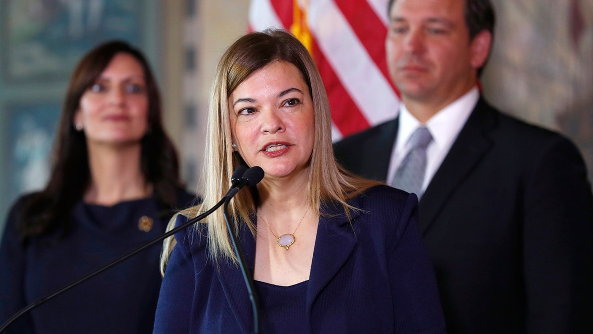 Barbara Lagoa, center, speaks as Gov. Ron DeSantis and Lt. Gov Jeanette Nunez, left, look on, Wednesday, Jan. 9, 2019, in Miami. (AP Photo/Wilfredo Lee)