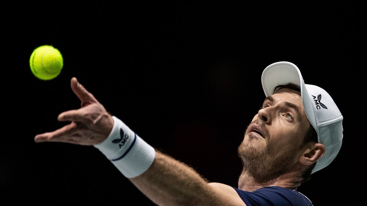Great Britain's Andy Murray serves during the Davis Cup tennis match against Netherlands' Tallon Griekspoor in Madrid, Spain, Wednesday, Nov. 20, 2019. (AP Photo/Bernat Armangue)