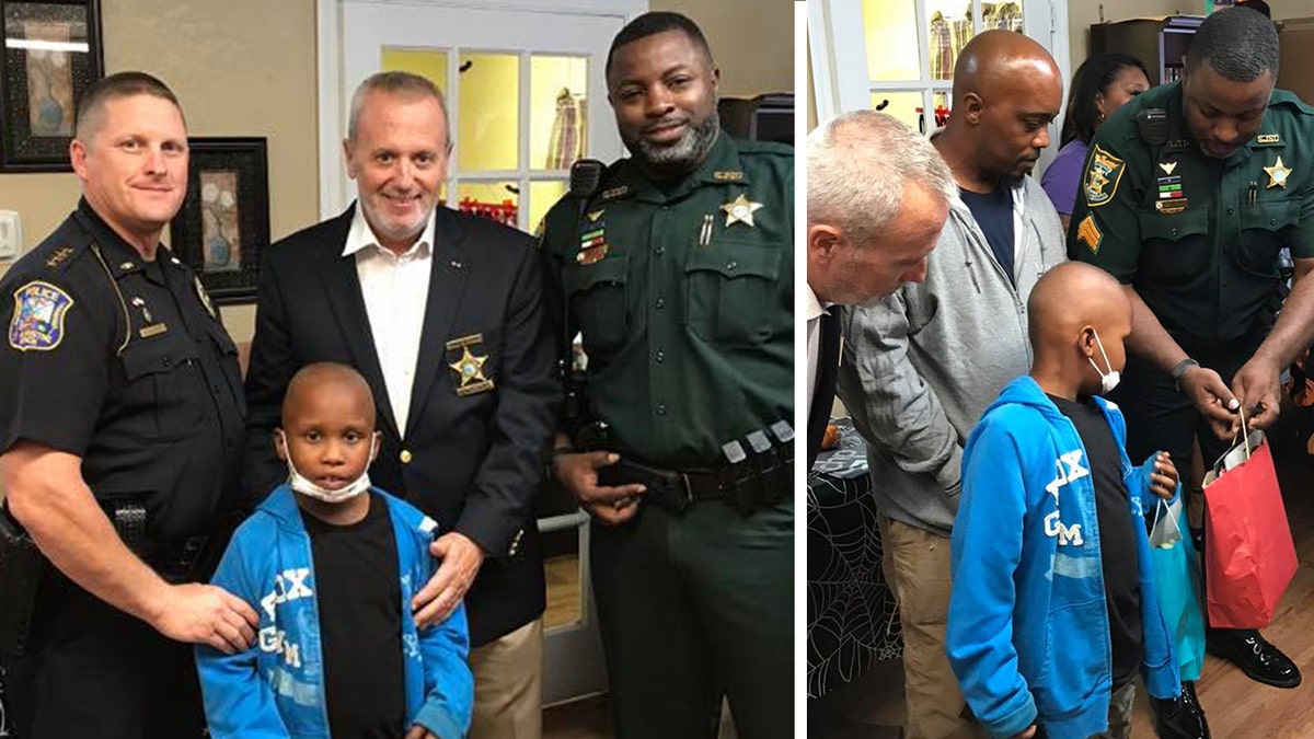 Law enforcement officers welcomed the boy home from treatment and presented him with the Disney World trip.