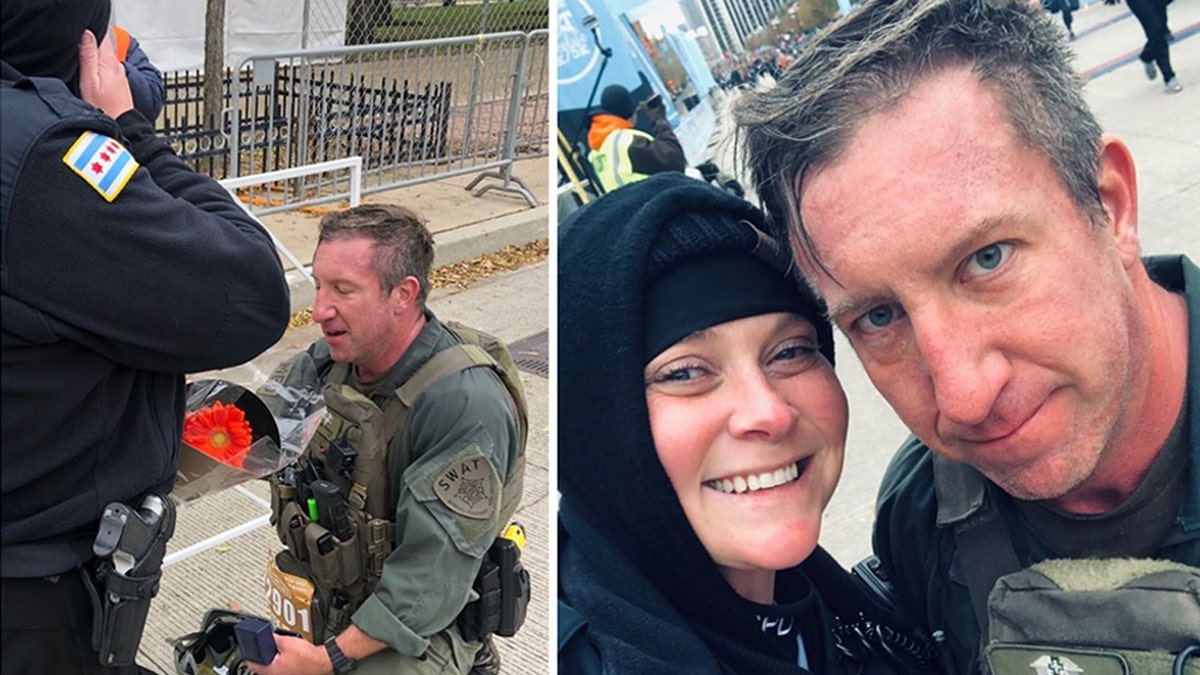 Chicago Police Officer Erin Gubala with SWAT Sgt. Mike Nowacki got engaged Sunday after Nowacki ran the Hot Chocolate 15k in full gear and reviving another runner.