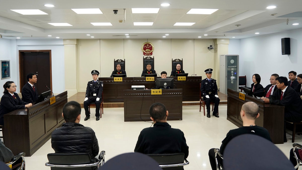 A trial continues as fentanyl drug traffickers are sentenced in court, Thursday, Nov. 7, 2019, in Xingtai, north China's Hebei Province.