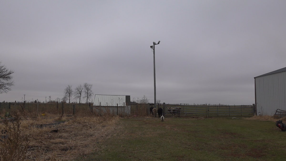 Outside Ethan Vorhes' farm in Iowa where he grows soybeans and corn, and raises cattle.