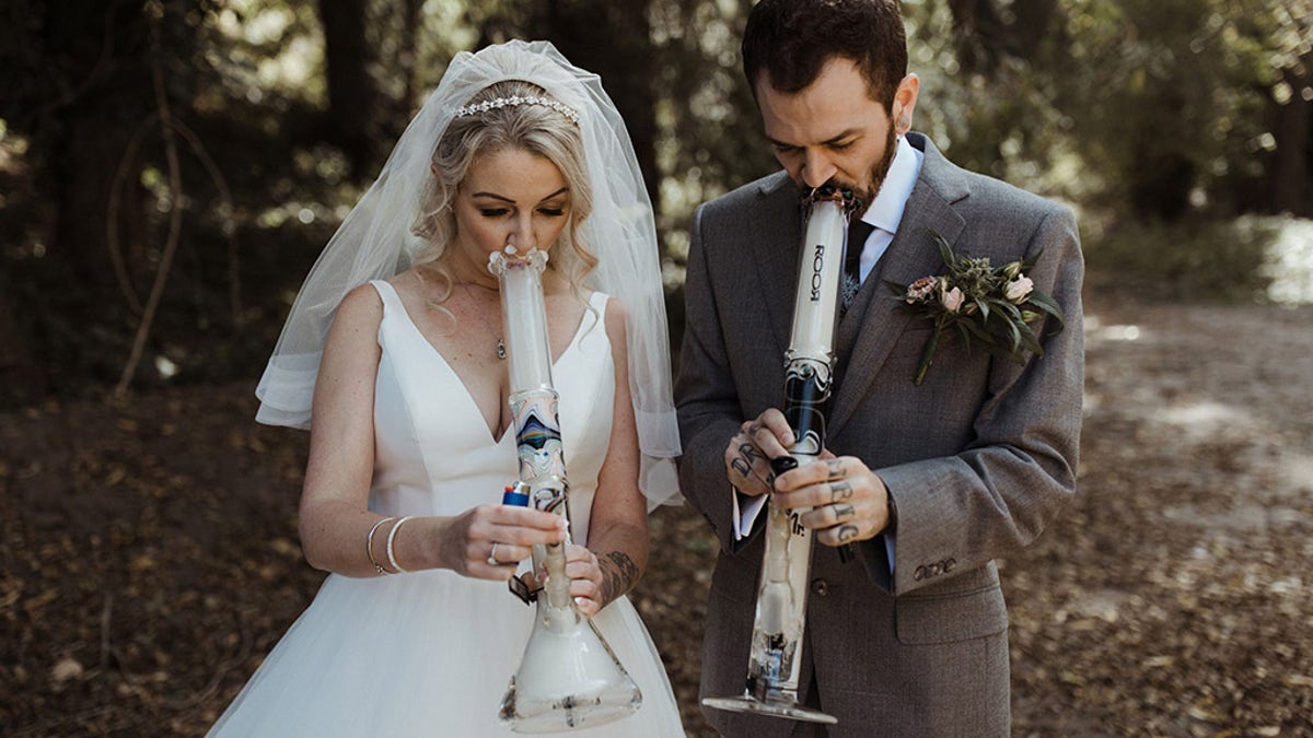 The bride and groom celebrated their new union not with a champagne toast using personalized glasses – but with a bong rip using specially-made “Mr” and “Mrs” glass water pipes.