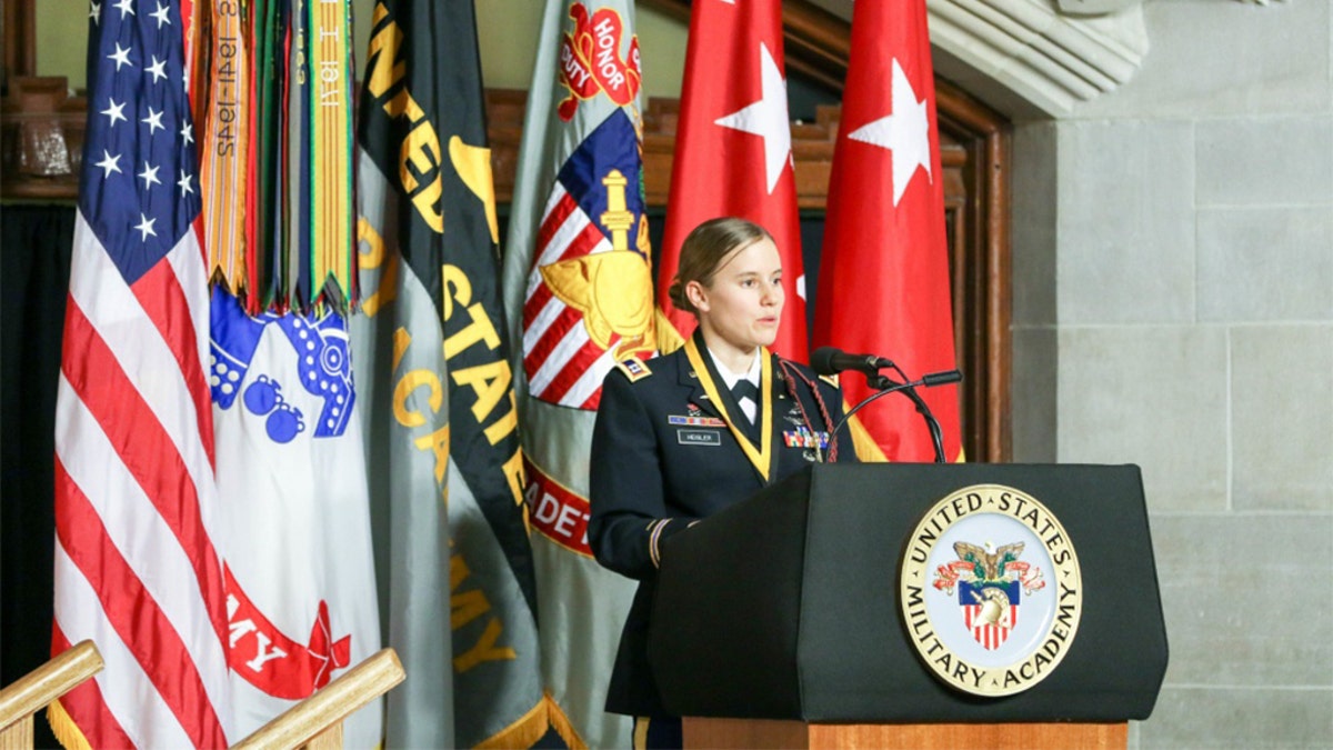 Capt. Lindsay Gordon Heisler, USMA Class of 2012, receives the 2019 Nininger Award, presented by the West Point Association of Graduates, this week. Heisler received the award for her actions on Dec. 5, 2015, when she was deployed in Afghanistan. (U.S. Army photo by Brandon O'Connor)
