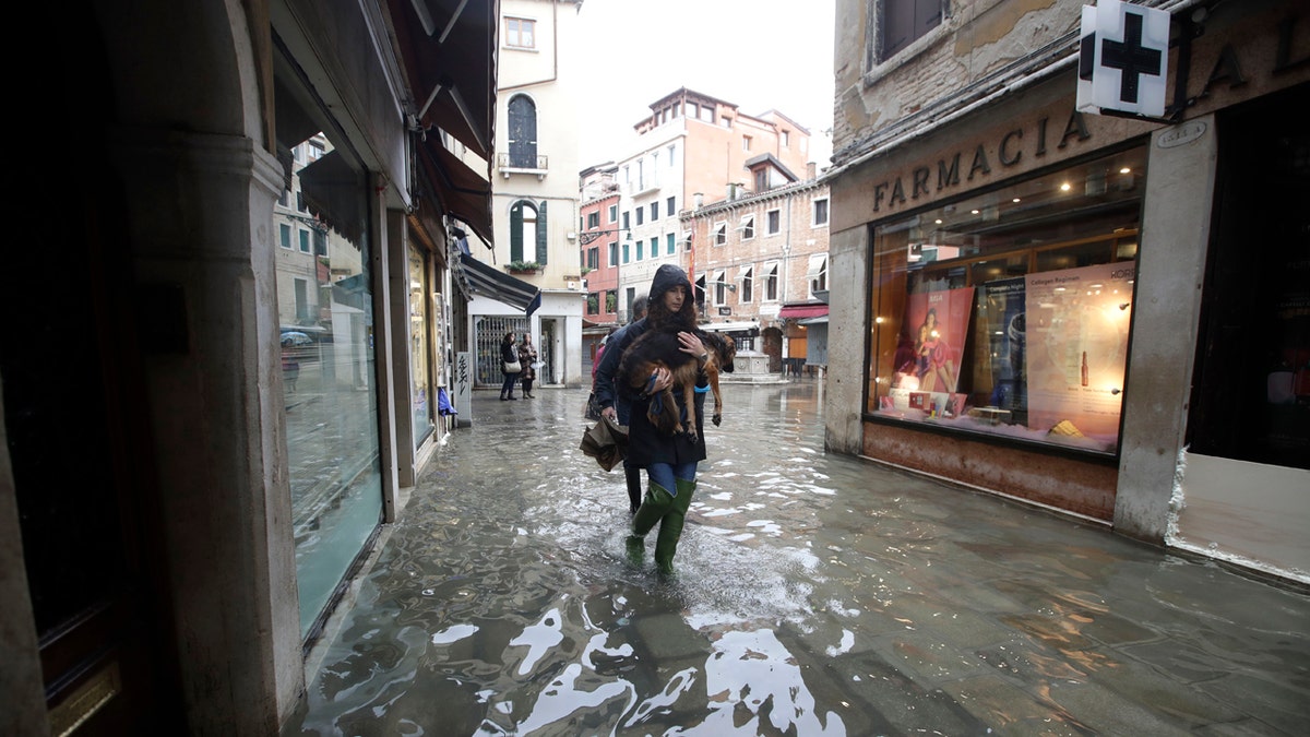 A Venetian citizen carries her dog Nana as she walks in a flooded street of Venice, Italy on Sunday.