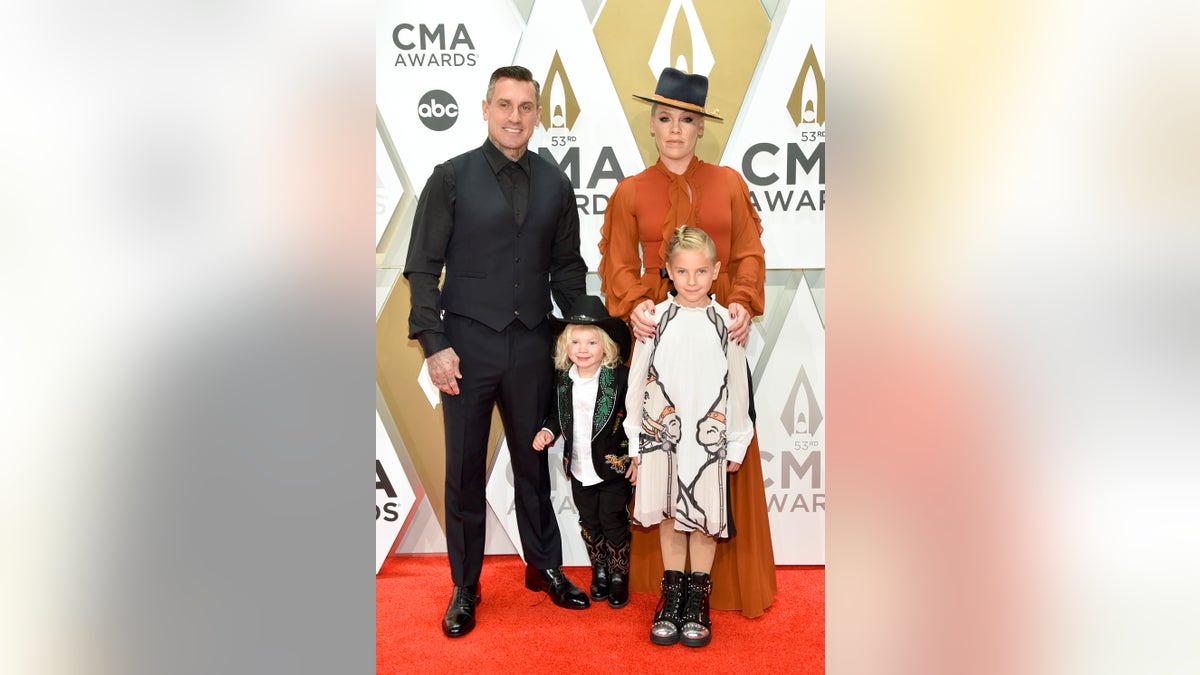 Jameson Hart, Willow Hart, P!nk and Carey Hart attend the 53rd annual CMA Awards at the Music City Center on November 13, 2019 in Nashville, Tennessee. 