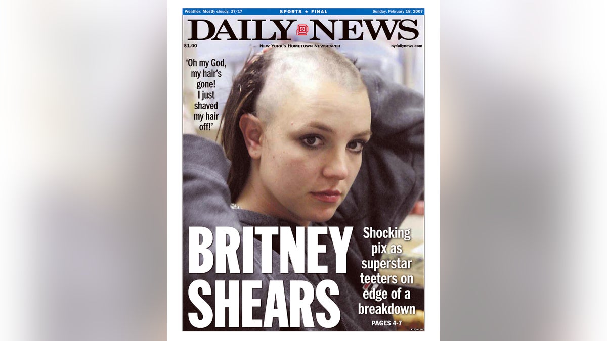UNITED STATES - FEBRUARY 18: Daily News front page February 18, 2007, Headline: BRITNEY SHEARS, Shocking pix as superstar teeters on edge of a breakdown, 'Oh my God, my hair's gone! I just shaved my hair off!', Britney Spears (Photo by NY Daily News Archive via Getty Images)