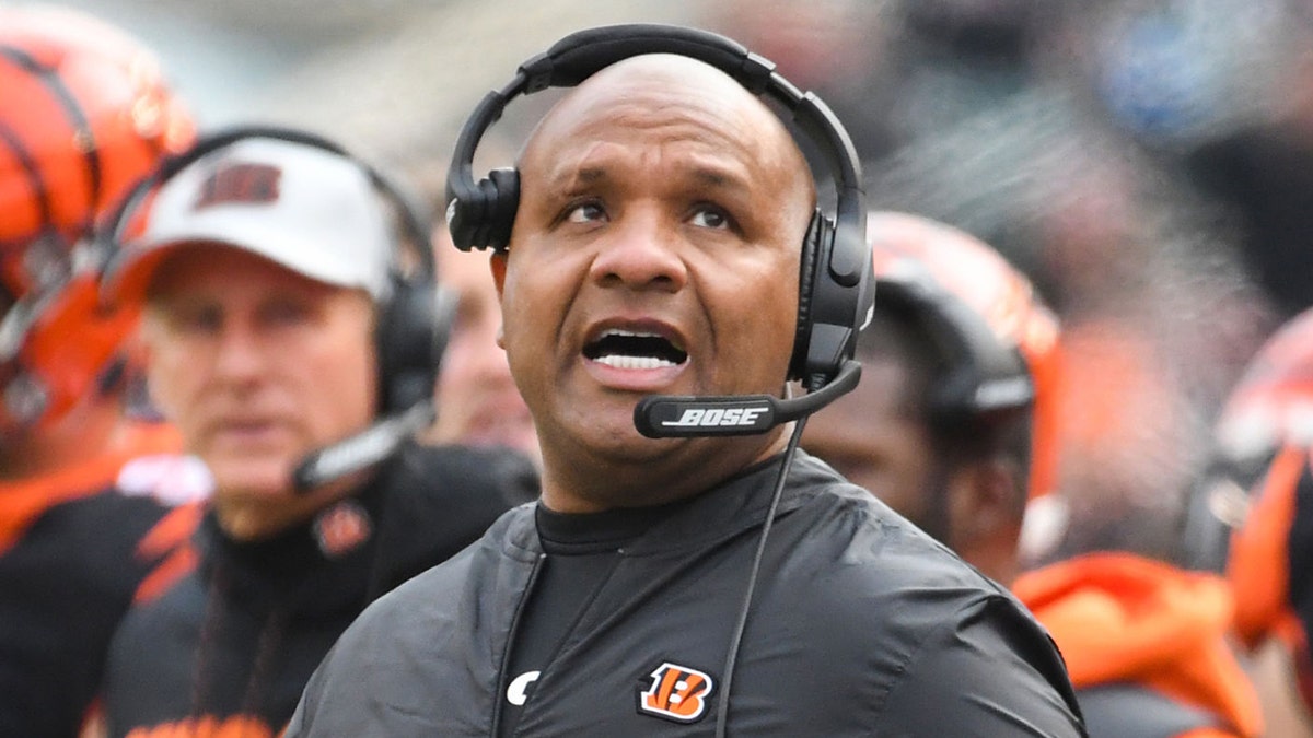 CINCINNATI, OH - NOVEMBER 25, 2018: Special assistant to the head coach Hue Jackson of the Cincinnati Bengals on the sideline in the second quarter of a game against the Cleveland Browns on November 25, 2018 at Paul Brown Stadium in Cincinnati, Ohio. Cleveland won 35-20.
