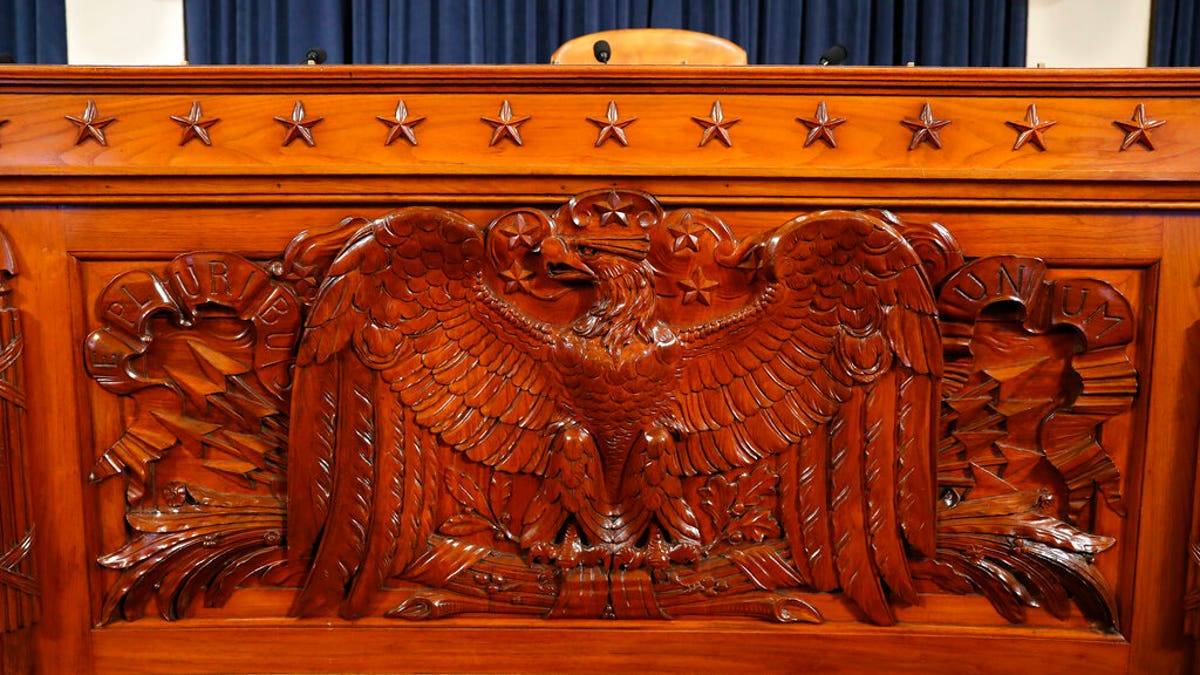 The dais inside the hearing room where the House will begin public impeachment hearings Wednesday, is seen Tuesday, Nov. 12, 2019, on Capitol Hill in Washington. (AP Photo/Jacquelyn Martin)