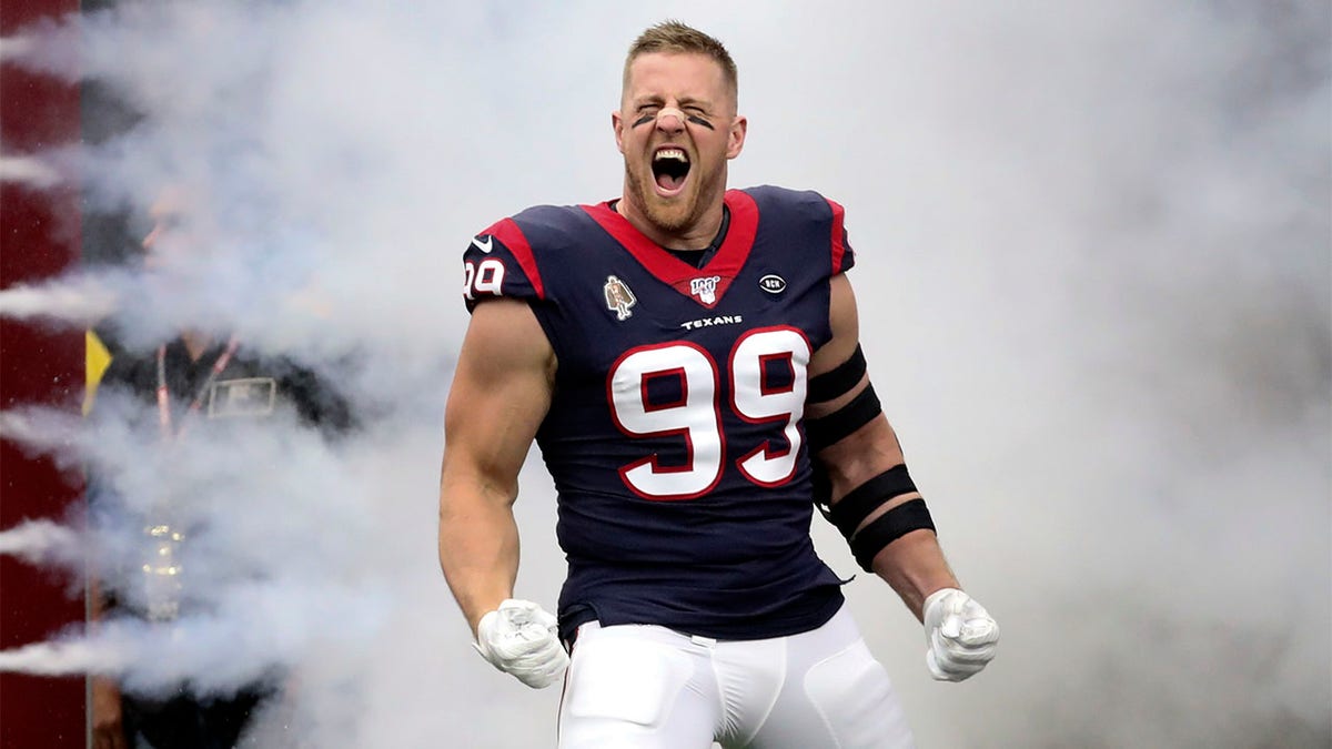 Houston Texans defensive end J.J. Watt, the three-time NFL Defensive Player of the Year, has been in recovery since a season-ending torn pectoral in October. (Kevin Jairaj, USA TODAY Sports, File)