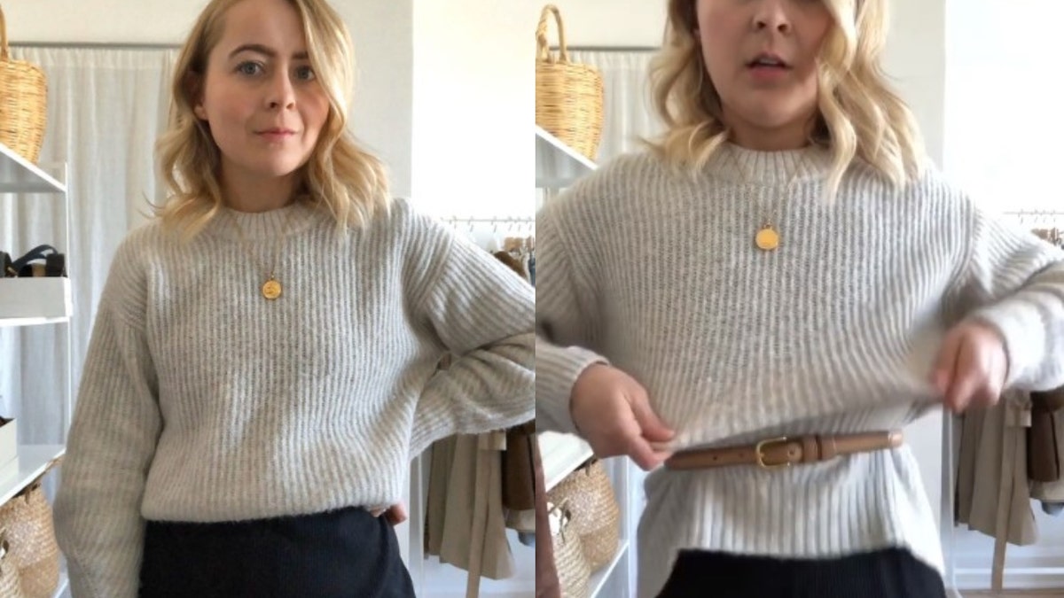 how to tuck sweaters over dresses using a stretchy belt. I love this h, Sweater Tuck Tutorial