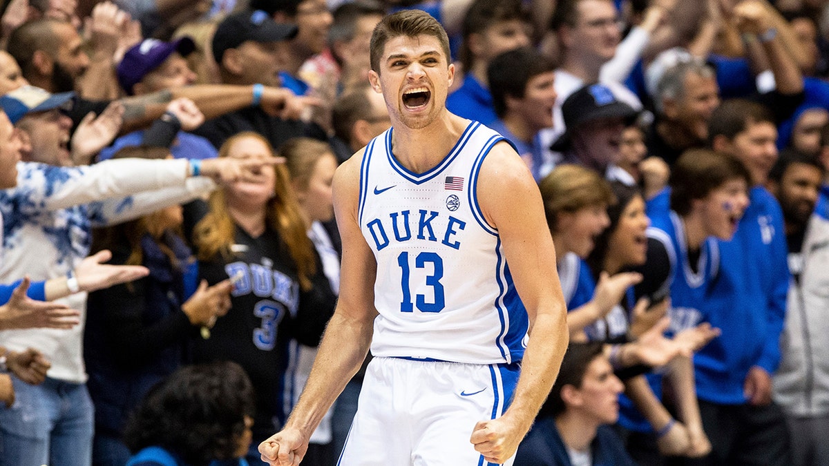 Duke's Joey Baker (13) reacts to a play during the second half of the team's NCAA college basketball game against Georgia State in Durham, N.C., Friday, Nov. 15, 2019. (AP Photo/Ben McKeown)