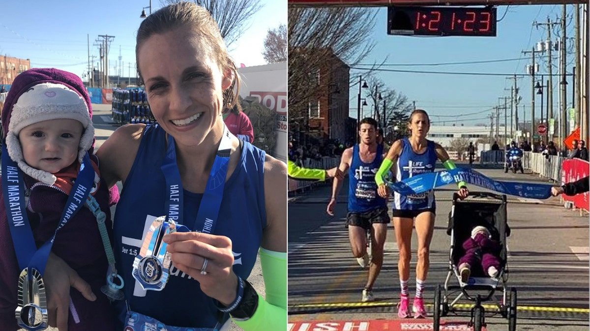Julia Webb set the world record for a half marathon pushing a stroller Sunday in the Route 66 Marathon in Tulsa, Oklahoma.