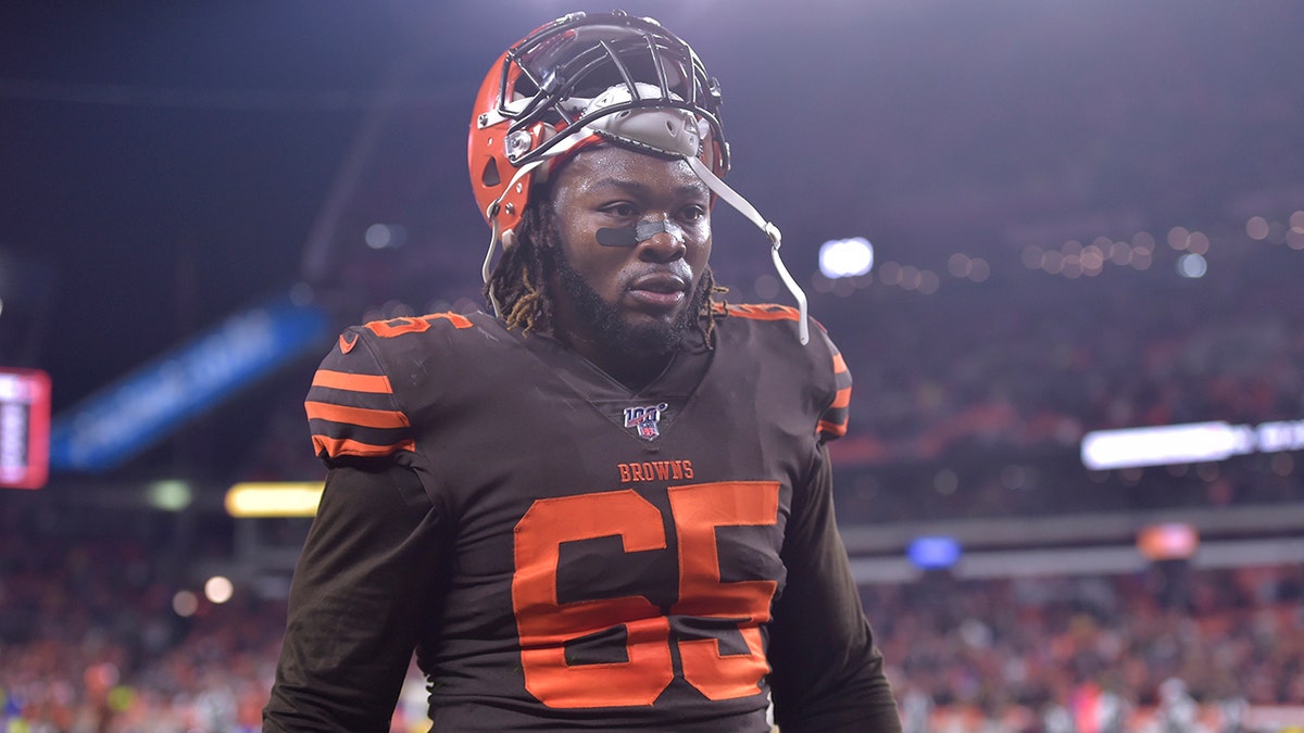 File-This Nov. 14, 2019 file photo shows Cleveland Browns defensive tackle Larry Ogunjobi walking off the field after he was ejected late in the fourth quarter of an NFL football game against the Pittsburgh Steelers in Cleveland. (AP Photo/David Richard, File)