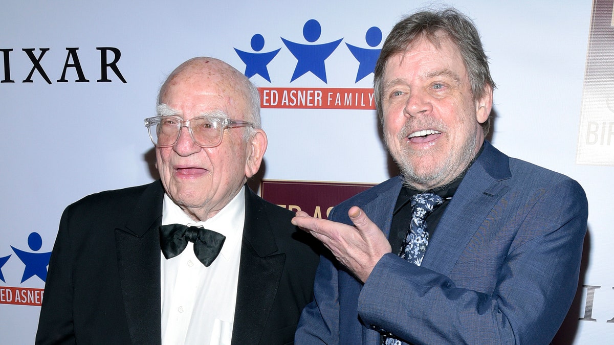 Actors Ed Asner and Mark Hamill attend Ed Asner's 90th Birthday Party and Celebrity Roast at The Roosevelt Hotel on November 03, 2019 in Hollywood, California.