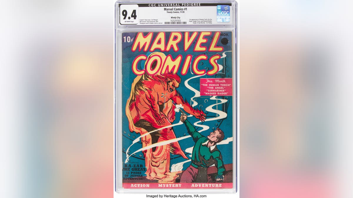This Oct. 8, 2019 image provided by Heritage Auctions shows a rare near mint condition copy of the first Marvel Comics comic book. Heritage Auctions says the 1939 comic book sold for $1,260,000 million on Thursday Nov. 21, 2019. (Heritage Auctions via AP)