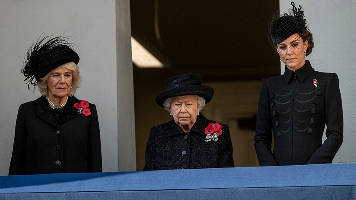 Queen Elizabeth II with Camilla, Duchess of Cornwall and Catherine, Duchess of Cambridge attend the annual Remembrance Sunday memorial at The Cenotaph on Nov. 10, 2019, in London, England.