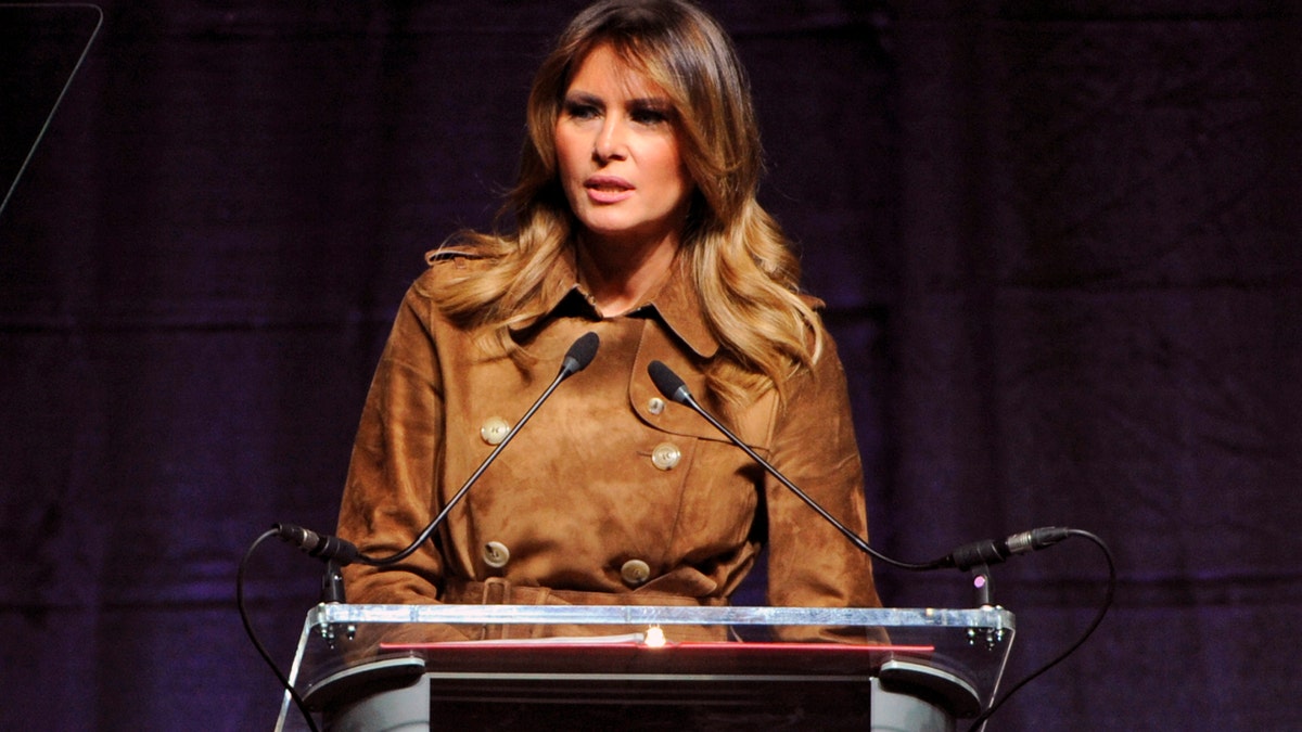 First lady Melania Trump speaks at the B'More Youth Summit Tuesday at the University of Maryland, Baltimore County. (Barbara Haddock Taylor/The Baltimore Sun via AP)