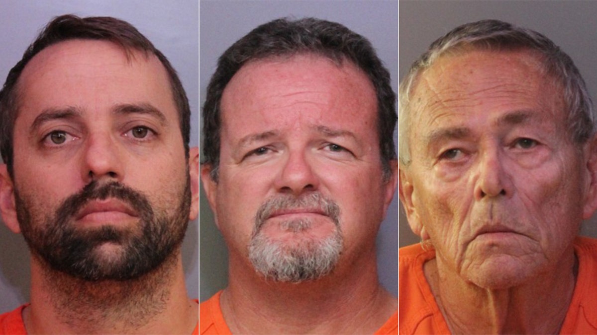 Mugshots for Brett Kinney, 40, Donald Durr Jr., 52, and William Hage, 76. 