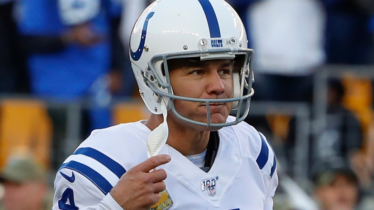 Indianapolis Colts kicker Adam Vinatieri (4) reacts as his field goal-attempt goes wide during the second half an NFL football game against the Pittsburgh Steelers, Sunday, Nov. 3, 2019, in Pittsburgh. (AP Photo/Gene J. Puskar)