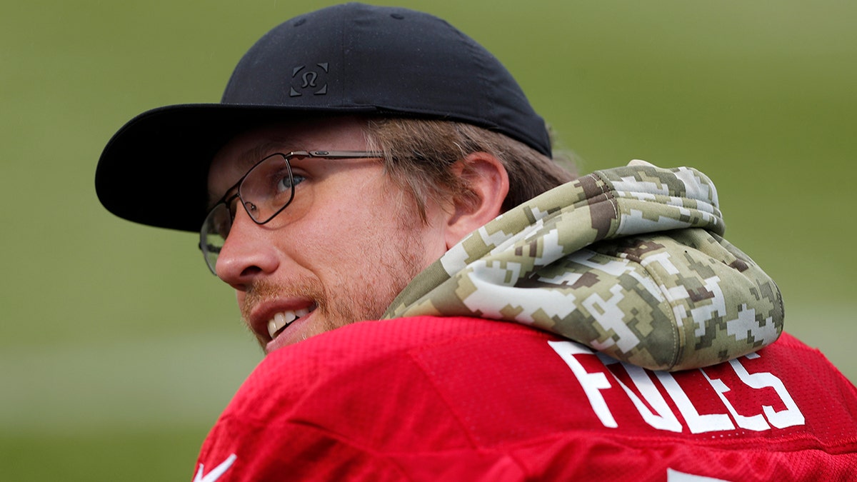 Jaguars QB Nick Foles during a NFL training session of the Jacksonville Jaguars at the at Allianz Park in London, Friday, Nov. 1, 2019.The Jacksonville Jaguars are preparing for an NFL regular season game against the Houston Texans in London on Sunday. (AP Photo/Frank Augstein)