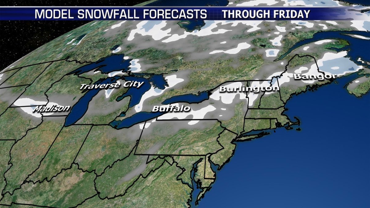 Snowfall forecasts for the Midwest and Northeast through Friday.