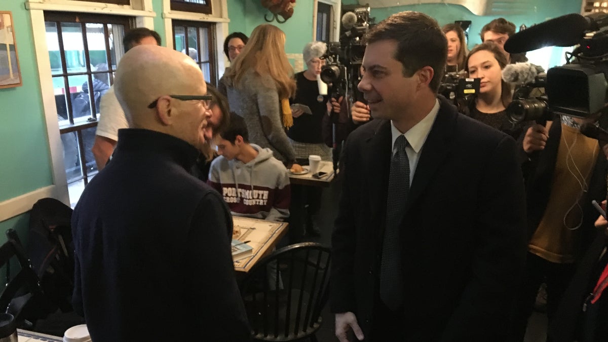 Presidential candidate Pete Buttigieg greeting supporters at a cafe in Portsmouth, N.H., on Monday.