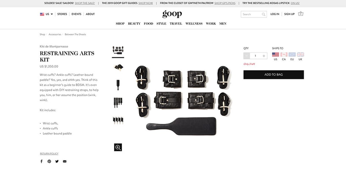 A BDSM-inspired kit includes leather wrist and ankle cuffs and a leather-bound paddle. (Photo: Goop)