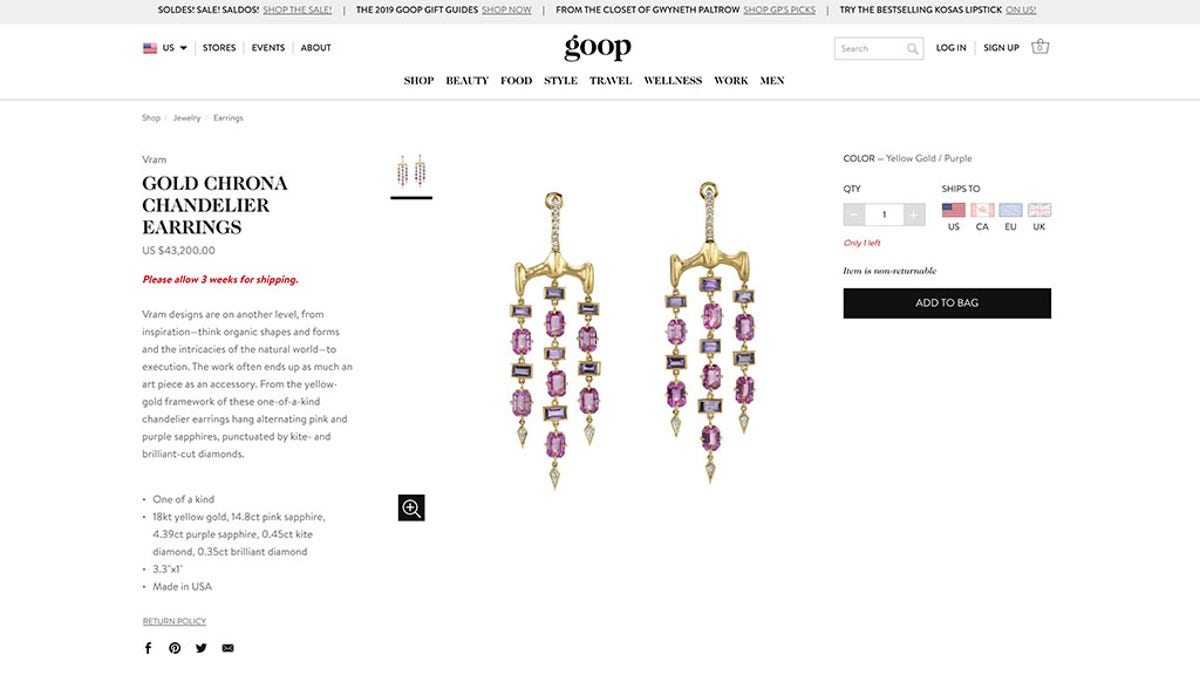 One of the most expensive items on the list is a pair of Vran chandelier earrings that cost a whopping $45,200. (Photo: Goop)