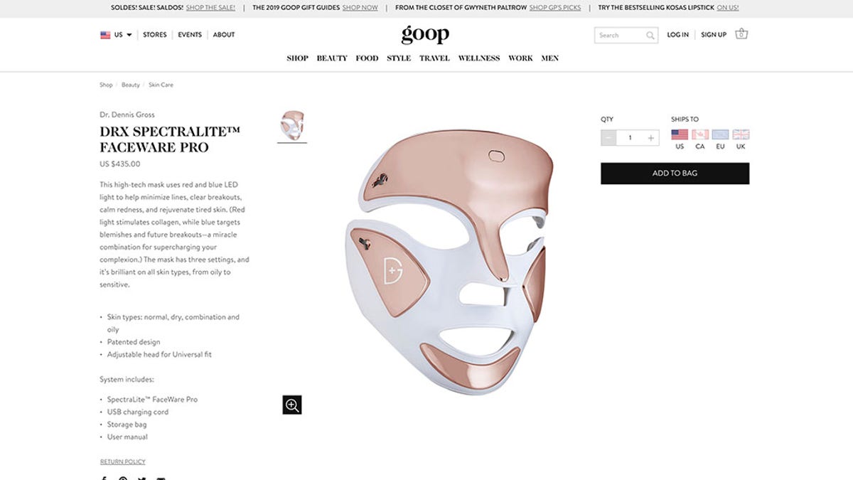 Goop says Dr. Dennis Gross DRx Spectralite Faceware Pro, worth $455, is perfect for calming redness, clearing breakout and “absolutely terrifying your family members.” (Photo: Goop)