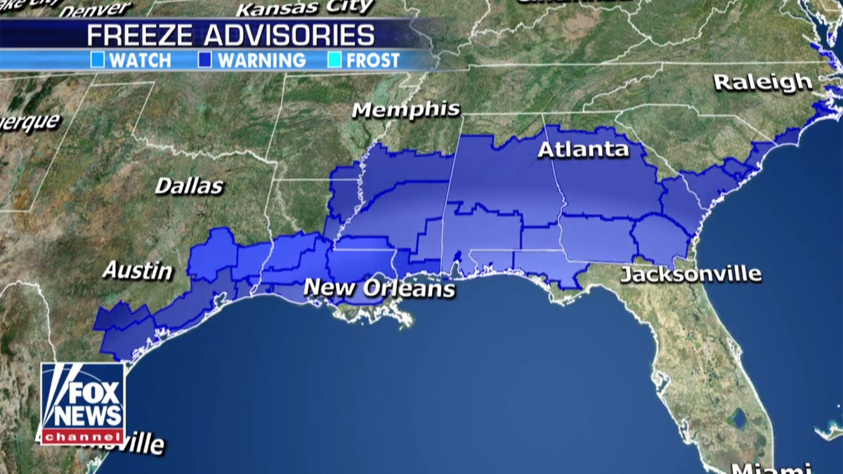Freeze Advisories extend down to the Gulf Coast due to the Arctic air<br>
mass.