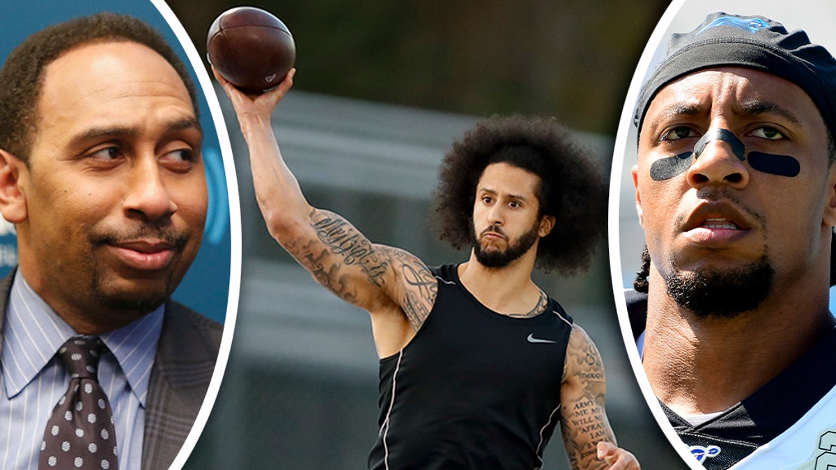 Stephen A. Smith, left, and Eric Reid, right, had a war of words on the Internet over the weekend after the NFL teams’ workout for former San Francisco 49ers quarterback Colin Kaepernick on Saturday. (AP/Getty, File)