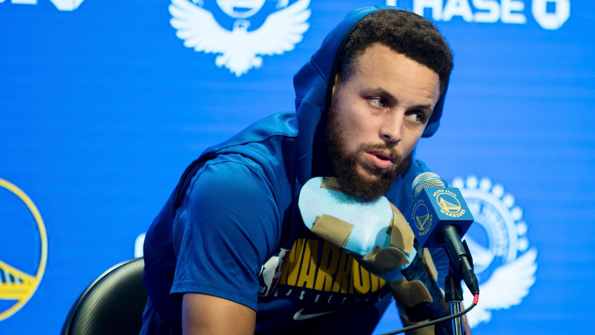 Golden State Warriors' Stephen Curry speaks at a news conference before an NBA basketball game against the Utah Jazz in San Francisco, Monday, Nov. 11, 2019. (AP Photo/John Hefti)