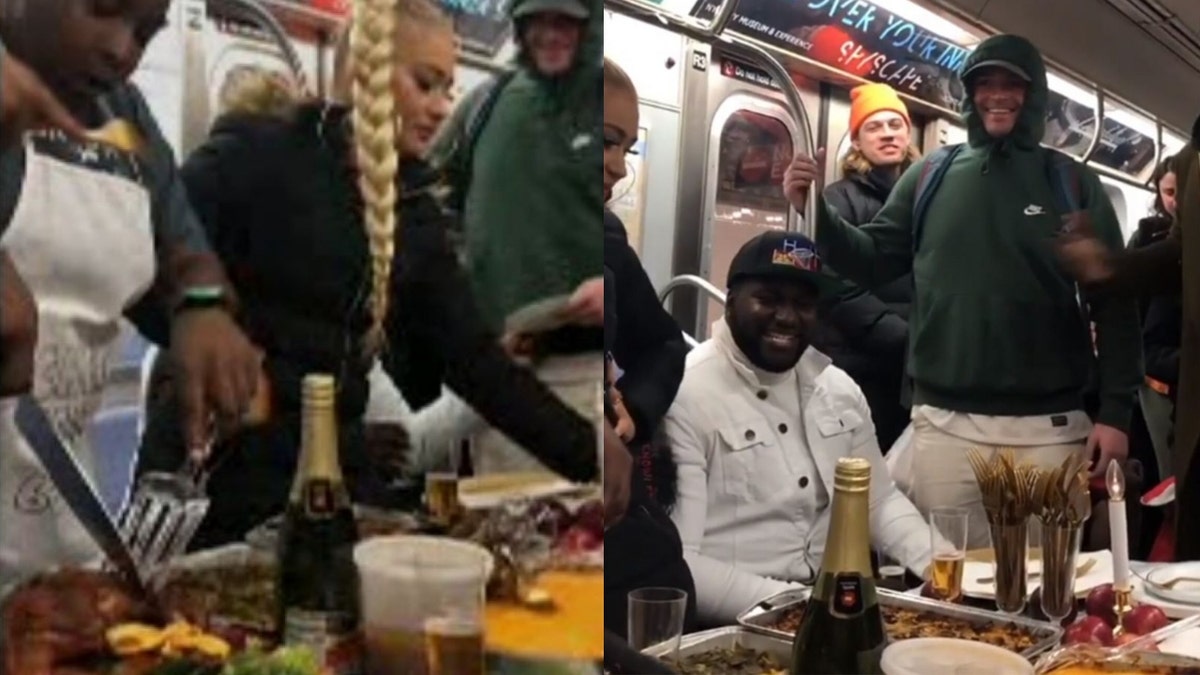 The chefs behind the now-viral video of a group of New Yorkers serving a full Thanksgiving meal on the subway opened up about its inspiration. (@flanneryfoster via Storyful)