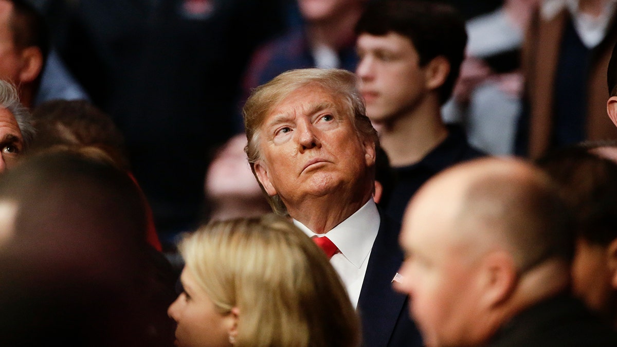 President Donald Trump watches a replay of a lightweight mixed martial arts bout between Kevin Lee and Gregor Gillespie at UFC 244, Saturday, Nov. 2, 2019, in New York. Lee stopped Gillespie in the first round. (AP Photo/Frank Franklin II)