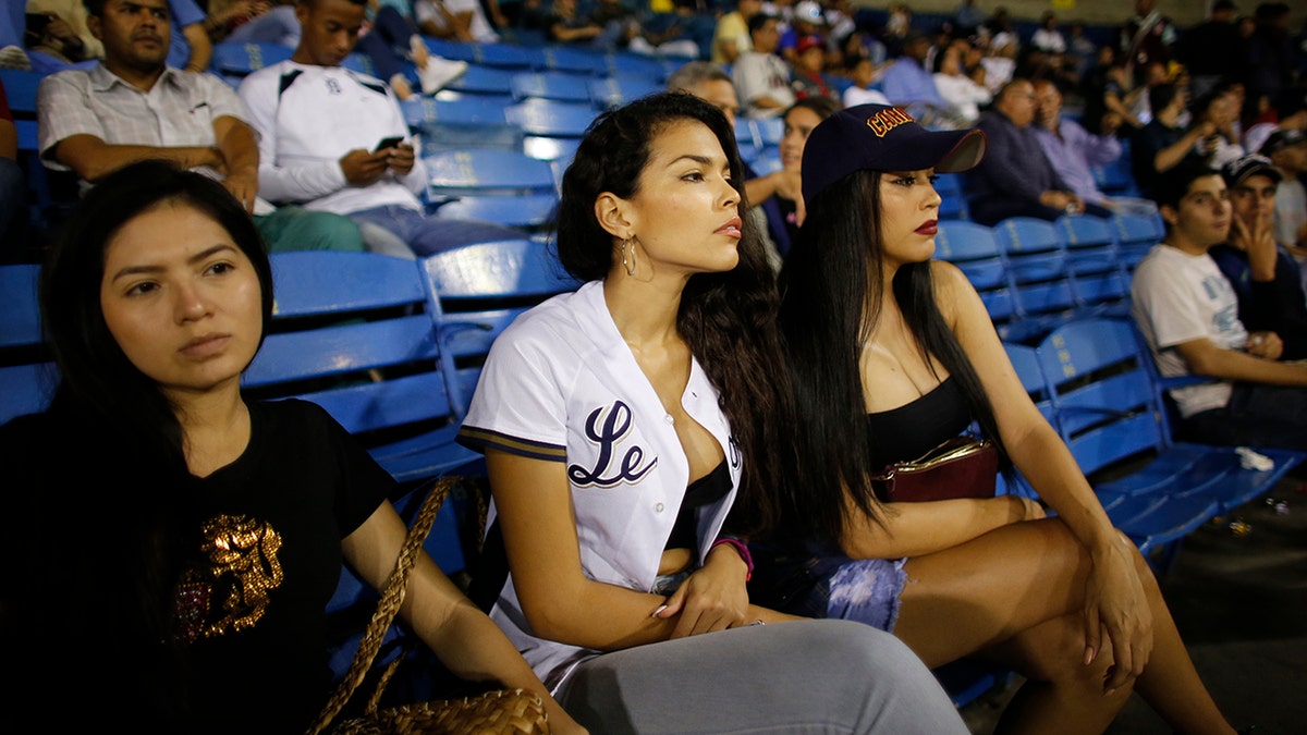 Fans of the Leones de Caracas team watch the opening winter season game between their team and Tigres de Aragua in Caracas, Venezuela, Tuesday, Nov. 5, 2019. The luxury of a night of fun for a couple buying tickets, beer and hotdogs easily cost double the monthly minimum wage equal to the $15 that most Venezuelans earn. (AP Photo/Ariana Cubillos)