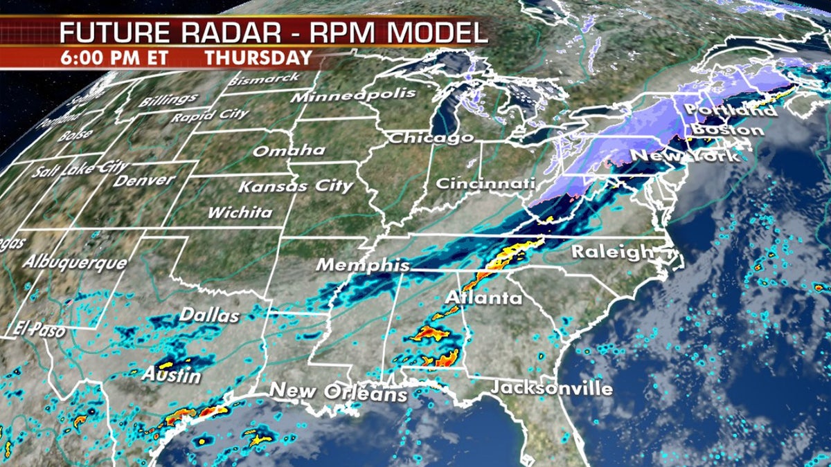 A storm system is bringing heavy rain across the southern Plains and snow into parts of the Northeast.