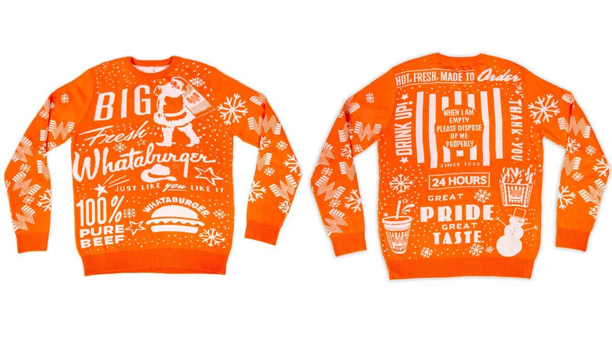 The sweater is said to be just the first of many items in Whataburger's "holiday merch lineup," according to the chain.<br>