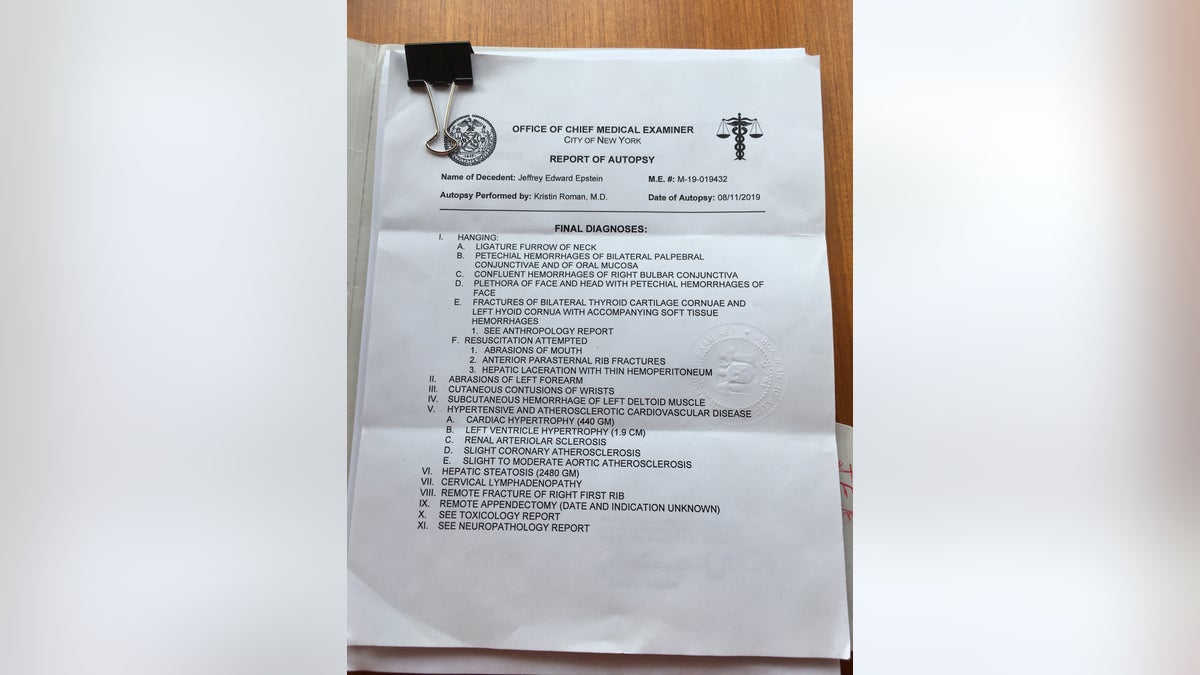 In addition to three bone fractures in Jeffrey’s neck, according to autopsy files provided to Fox News, Epstein had two contusions on both of his wrists, an abrasion on his left forearm, and deep muscle hemorrhaging of his left deltoid or shoulder.