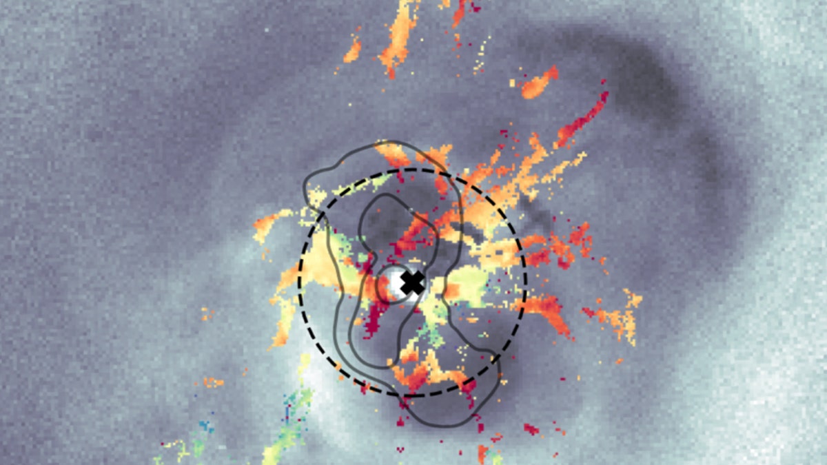 An image shows how galaxy-sized bubbles shove gas around in the Perseus galaxy cluster. The X at the center of the image shows the location of the supermassive black hole at its center. (Credit: Li et al.)