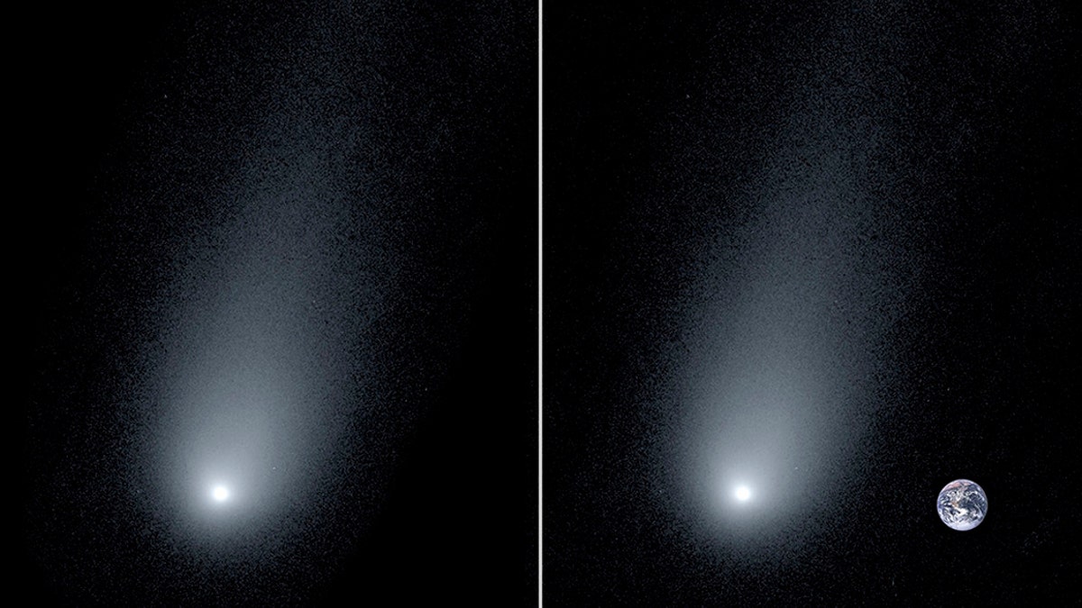 Left: A new image of the interstellar comet 2l/Borisov. Right: A composite image of the comet with a photo of the Earth to show scale. (Pieter van Dokkum, Cheng-Han Hsieh, Shany Danieli, Gregory Laughlin)