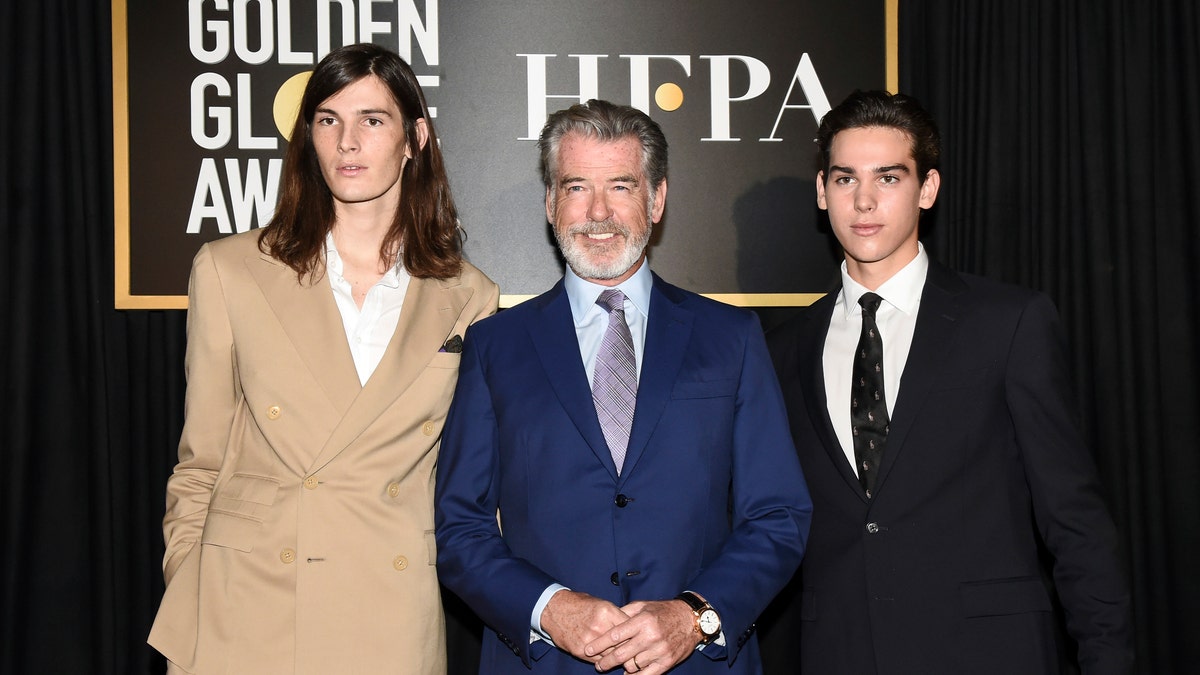 Dylan Brosnan, from left, Pierce Brosnan, and Paris Brosnan attend the Hollywood Foreign Press Association and The Hollywood Reporter celebration of the 2020 award season and Golden Globe Ambassador reveal at Catch LA on Thursday, Nov. 14, 2019, in West Hollywood, Calif.