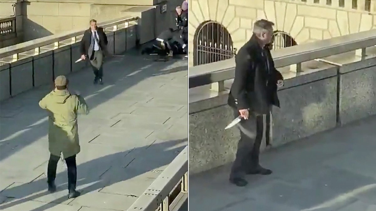 In these grabs taken from video made available by @HLOBlog, a bystander runs with a knife, after an incident on London Bridge.