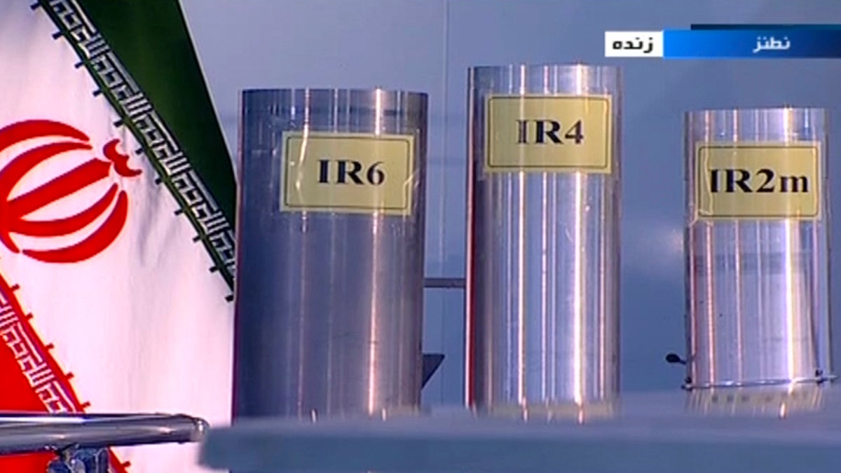 In this 2018 frame grab from Iranian state TV, three versions of domestically-built centrifuges are shown during a live program from Natanz, an Iranian uranium enrichment plant, in Iran. (AP/IRIB)