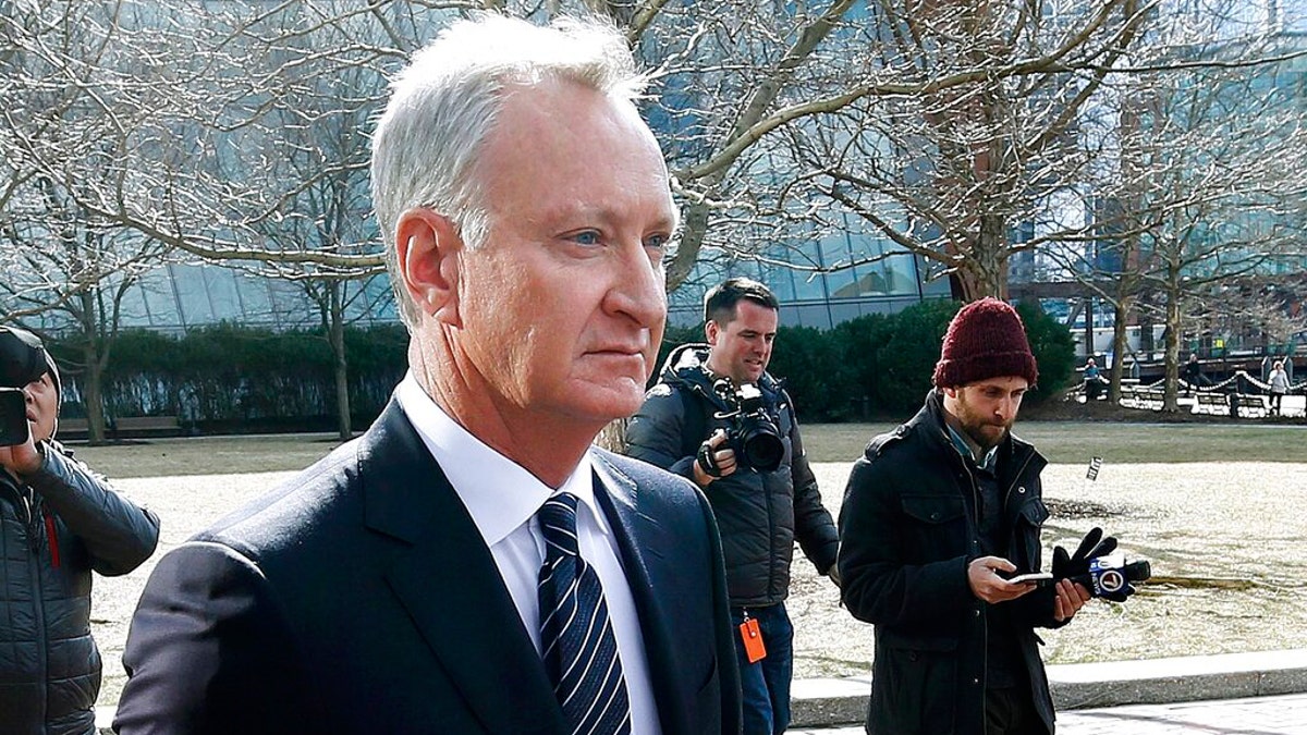 In this April 3, 2019 file photo, Toby MacFarlane departs federal court in Boston after facing charges in a nationwide college admissions bribery scandal. MacFarlane, who pleaded guilty in June faces was sentenced on Wednesday, Nov. 13. (AP Photos/Michael Dwyer, File)