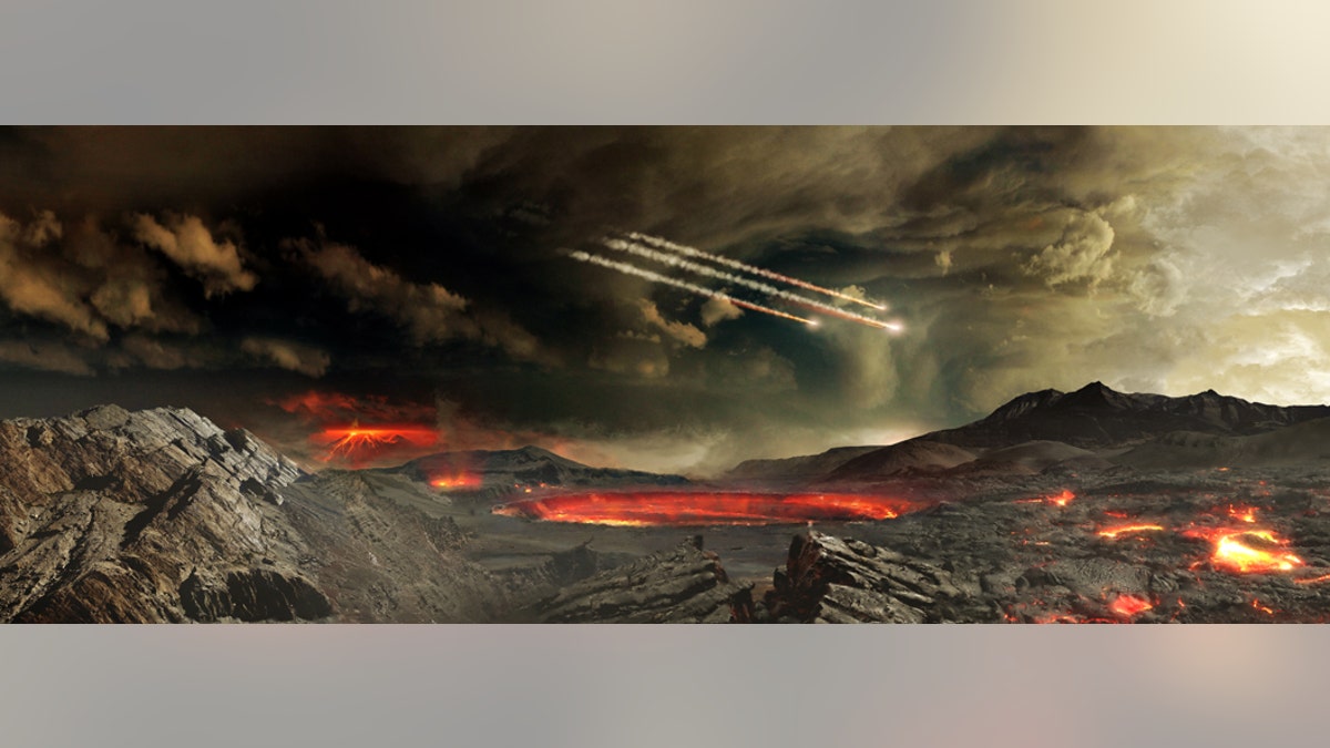 Artist’s concept of meteors impacting ancient Earth. Some scientists think such impacts may have delivered water and other molecules useful to emerging life on Earth. (Credit: NASA's Goddard Space Flight Center Conceptual Image Lab)